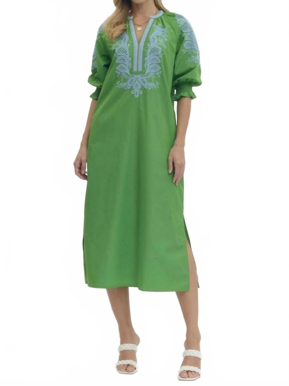 NEW STYLE USA embroidered v-neck half sleeve midi dress in green/blue